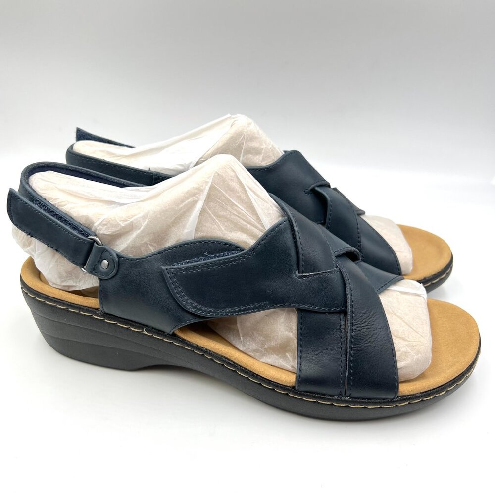 Clarks Womens Size 12 Merliah Echo Navy Blue Leather Low Wedges Sandals‎ Shoes